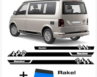 Autocollant latéral avec motif planche de surf palmier de montagne, avec texte au choix, adapté pour VW T6.1, T6, T5, Multivan, Bulli, Transporter