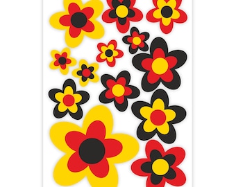 Sticker Set 13 pieces, hippie flowers in black-white or black-red-gold, sticker flower power summer, for cars, vehicles, scooters