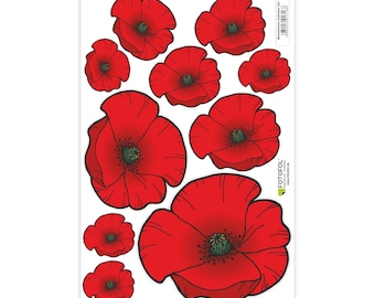 10 poppy stickers in the set, decorative stickers with poppy flowers in different sizes for cars, vehicles, laptops, smartphones and home