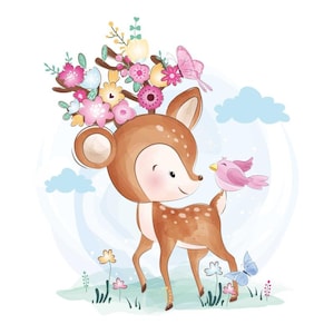 Wandtattoo Kinderzimmer Hirsch Blumen Vögel Schmetterlinge