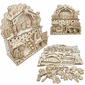 Christmas crib made of birch plywood Wooden craft set - nativity scene, nativity figures to paint