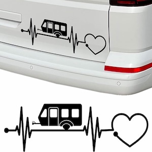 Sticker with caravan and heartbeat motif for camping lovers, 30 cm long and available in different colors, weatherproof sticker