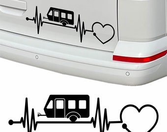Sticker with caravan and heartbeat motif for camping lovers, 30 cm long and available in different colors, weatherproof sticker