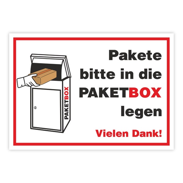 Aufkleber für Paketboxen mit Schriftzug "Pakete bitte in die PAKETBOX legen", Sticker für Kennzeichnung, Hinweis-Aufkleber, wetterfest