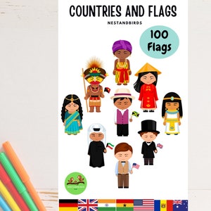100 Country Flags around the world |Cute National Costume| Home schooling |Flash cards for kids | Grade 1 study material |kids printables