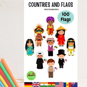 100 bandeiras de países ao redor do mundo |Traje nacional fofo| Ensino em casa |Cartões flash para crianças | Material de estudo da 1ª série |imprimíveis para crianças