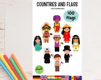 100 Country Flags around the world |Cute National Costume| Home schooling |Flash cards for kids | Grade 1 study material |kids printables