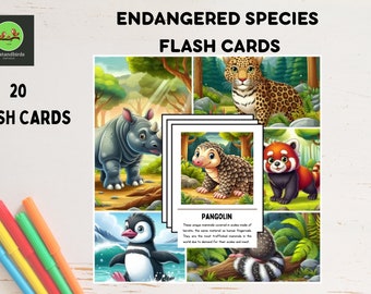 Kids Animal flash cards | Kids Printable | 20 Endangered Animals cards | Fun facts |Home schooling| Nursery & primary |preschool Activity