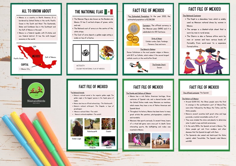 Mexico for Kids printable worksheets School projects Unit study grade 2 and 3 Hispanic Heritage Mexico Flag Fun Facts image 3