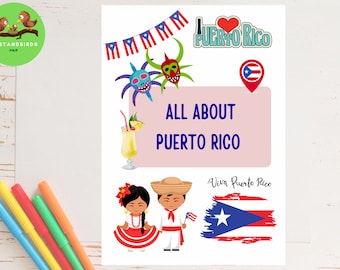 All About Puerto Rico for School projects| Unit study |grade 2 and 3| Hispanic Heritage Week| kids Printable| Countries & Flags| Fun Facts