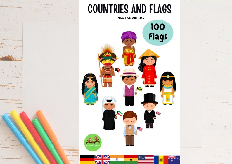 100 Country Flags Around the World cute National Costume Home Schooling