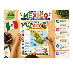 May include: An educational printable worksheet titled Learning About Mexico, featuring a colorful map of Mexico with illustrations of landmarks, wildlife, and cultural icons. The page includes sections for continent, capital city, language, currency, and facts.