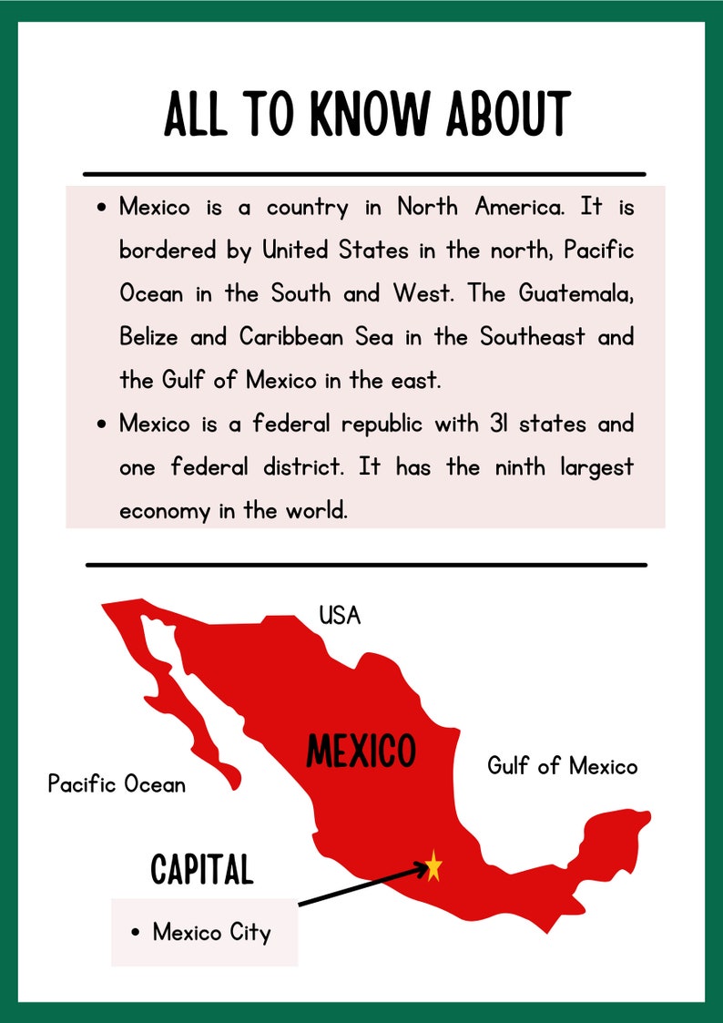 Mexico for Kids printable worksheets School projects Unit study grade 2 and 3 Hispanic Heritage Mexico Flag Fun Facts image 4