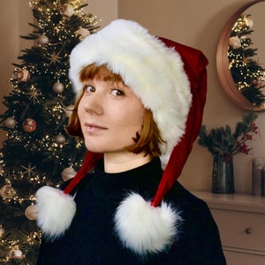 Luxury Christmas faux fur Santa Hat Double Pom Pom Red Minky Velour