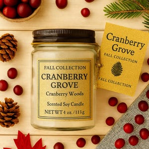Vela de soja Cranberry Woods: Pote âmbar de 113 g, aroma aconchegante de outono.