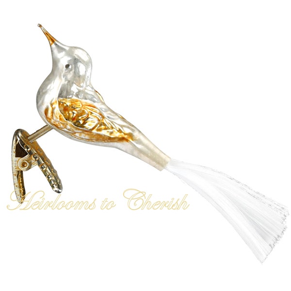 Inge-Glas Golden Song, Clip-On Bird 10120S018 German Blown Glass Christmas Ornament - In Gift Box - With Spun Glass Tail