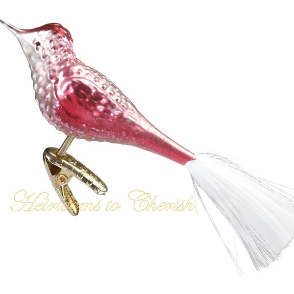 Inge-Glas Red Bird, Clip-On Bird 10115S018 German Blown Glass Christmas Ornament - In Gift Box - With Spun Glass Tail