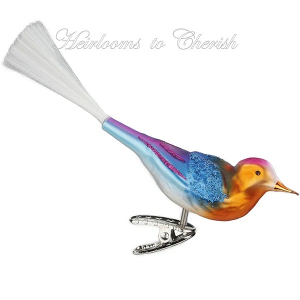 New for 2023 - Inge-Glas Clip-On Bird Amira 10073S023 German Glass Christmas Ornament - Spun Glass Tail