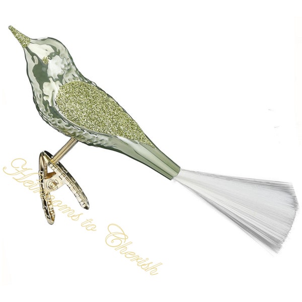 New for 2023 - Inge-Glas Clip-On Bird Bird Sage Pearl 13402T001 German Glass Christmas Ornament - Spun Glass Tail