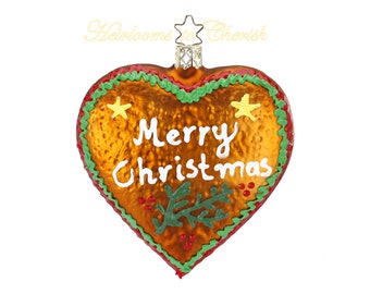 Inge-Glas Gingerbread Heart Merry Christmas 10219S019 German Glass Christmas Ornament in Gift Box