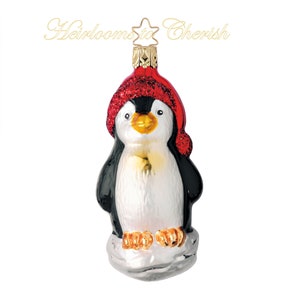PENGUIN (TOPPER) SANTA CLAUS is COMING to TOWN Glitter CHRISTMAS ORNAMENT *  Vtg
