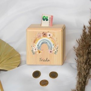 Spardose Regenbogen, Holzspardose mit Namen, Geschenk Geburtstag, Taufe, Babygeschenk, Geburtsgeschenk, Baby, Kinder, Taufgeschenk Mädchen