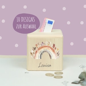 Holzspardose mit Namen, Spardose Regenbogen, Geschenk Geburtstag, Taufe, Babygeschenk, Geburtsgeschenk, Baby, Kinder, Sparschwein aus Holz