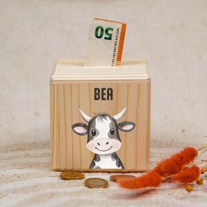Spardose Kuh, Holzspardose mit Namen, Geschenk Geburtstag, Taufe, Babygeschenk, Geburtsgeschenk, Baby, Sparschwein, Spardose Bauernhof, Baby