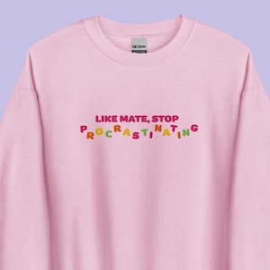 May include: Pink sweatshirt with the text "Like mate, stop procrastinating" in colorful letters.