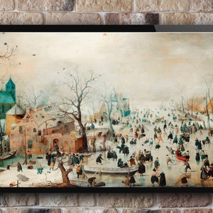 Samsung Frame TV Art, Vintage winterlandschap met schaatsers schilderij, sneeuwscène kunst, Instant Download