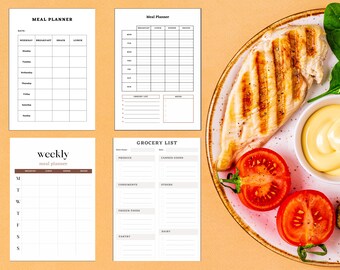 Könnte beinhalten: Ein druckbarer Speiseplan mit Abschnitten für wöchentliche Mahlzeiten, Einkaufslisten und einen täglichen Speiseplan. Das Bild zeigt auch einen Teller mit gegrilltem Hühnchen, Tomaten und Spinat.