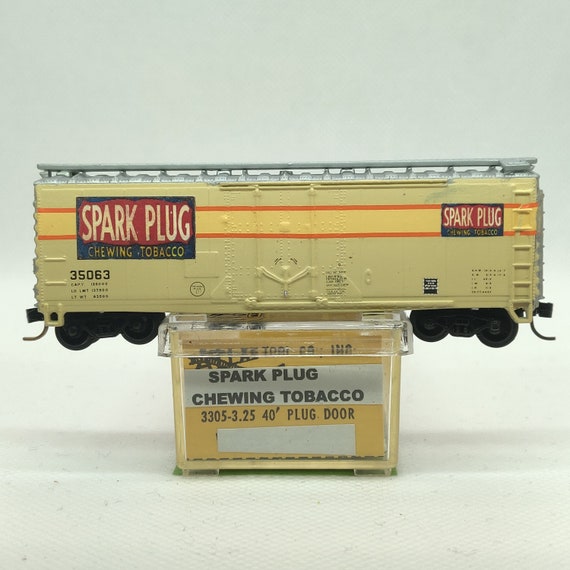 spark plug chewing tobacco Custom painted and decaled N-scale Atlas boxcar, ivory-white and silver  with Spark Plug Chewing Tobacco logo