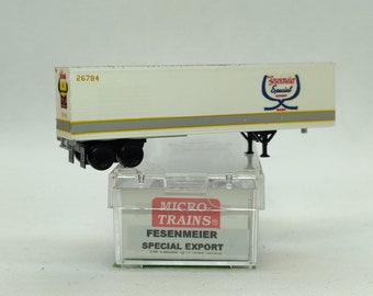Custom painted and decaled N-scale Micro-Trains trailer, white with Fesenmeier logo