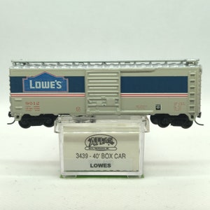 Custom painted and decaled N-scale Atlas boxcar, white and blue with Lowe&#39;s logo