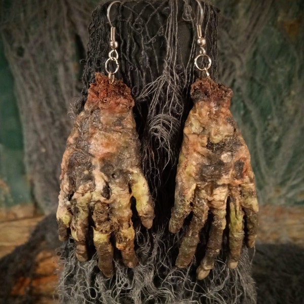 Earrings 4" Zombie/Corpse Hands, Hand-Sculpted Rotten Flesh, Lifelike Texture