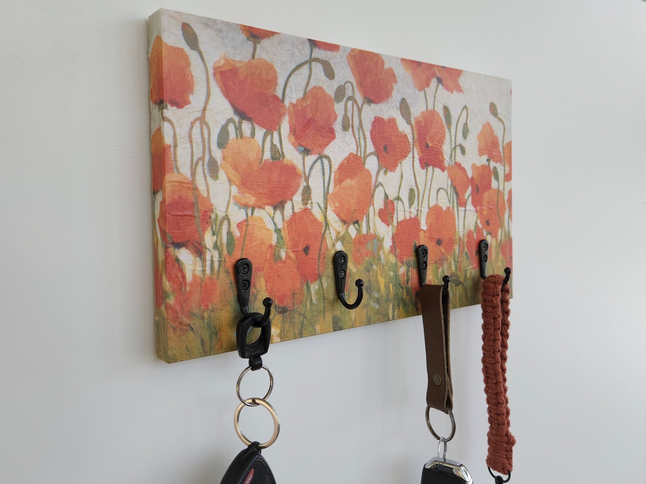 Wall Mount Key Holder / Hanger / Rack / Organizer Orange Poppies for