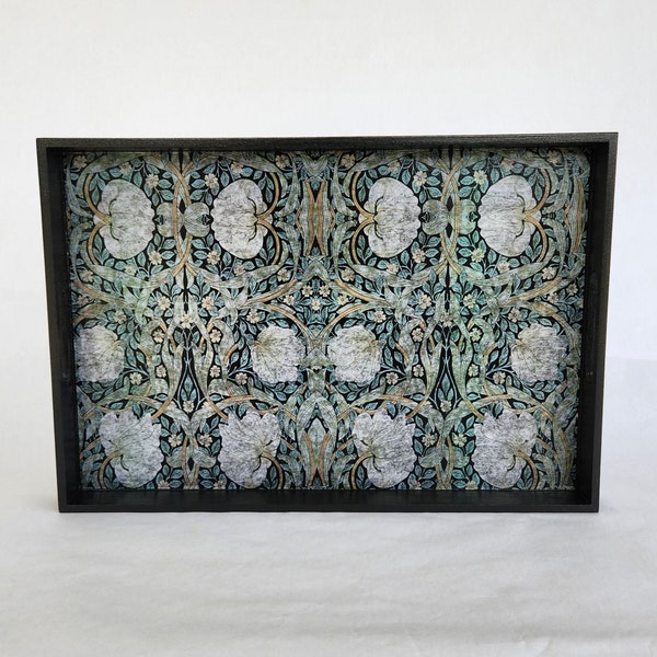 Serving Tray Large with Handles - Wood, For Display / Ottoman / Breakfast, William Morris Pimpernel in Blue Sage / Black Design