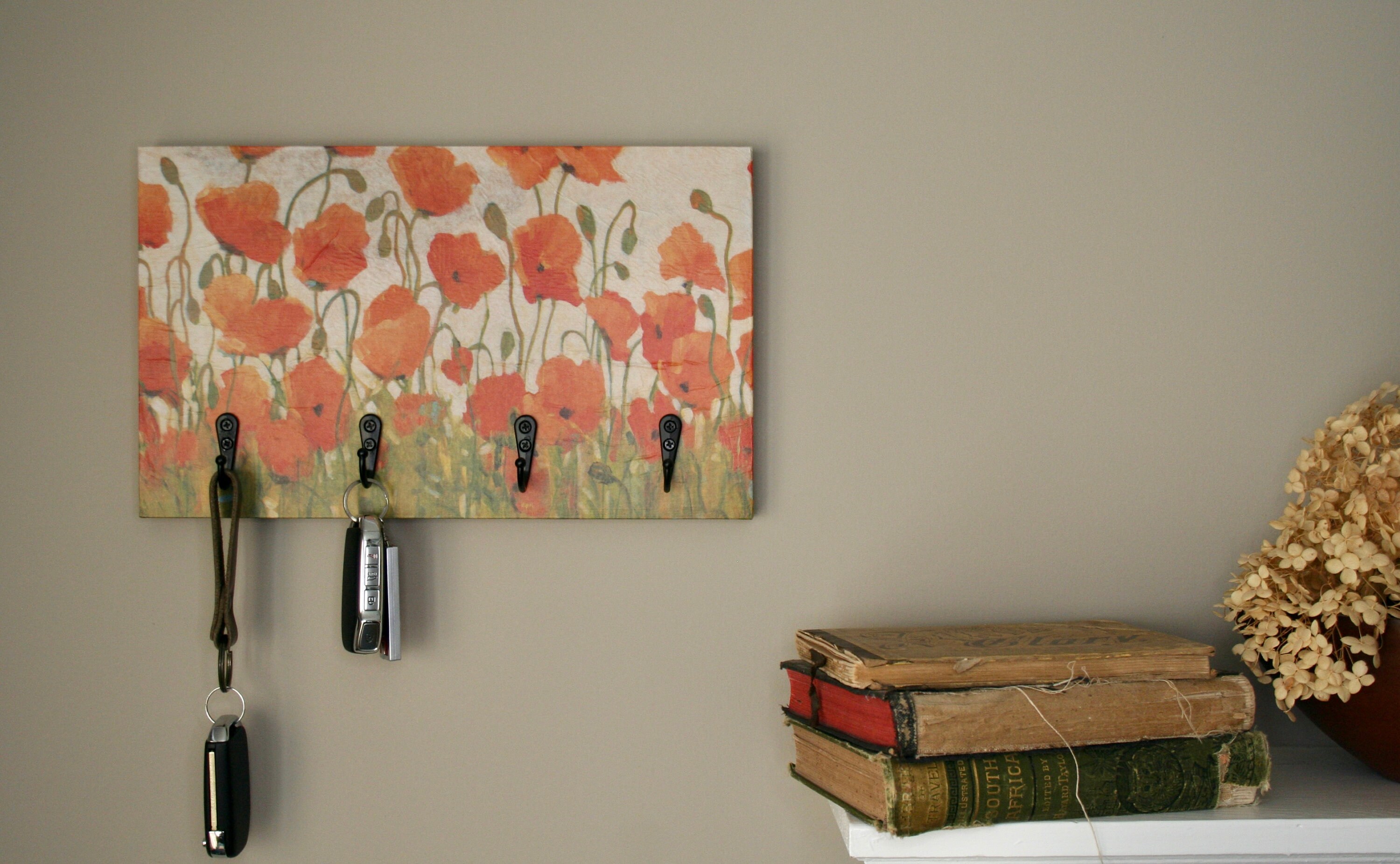 Wall Mount Key Holder / Hanger / Rack / Organizer Orange Poppies for
