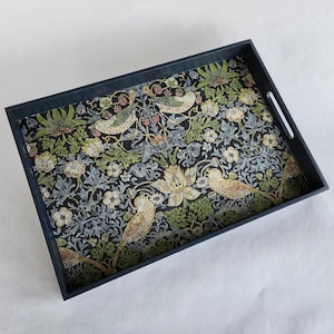 Serving Tray Large with Handles - Wood, For Display / Ottoman / Breakfast, William Morris Strawberry Thief / Navy Design