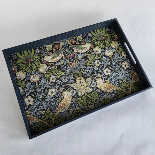 Serving Tray Large with Handles - Wood, For Display / Ottoman / Breakfast, William Morris Strawberry Thief / Navy Design