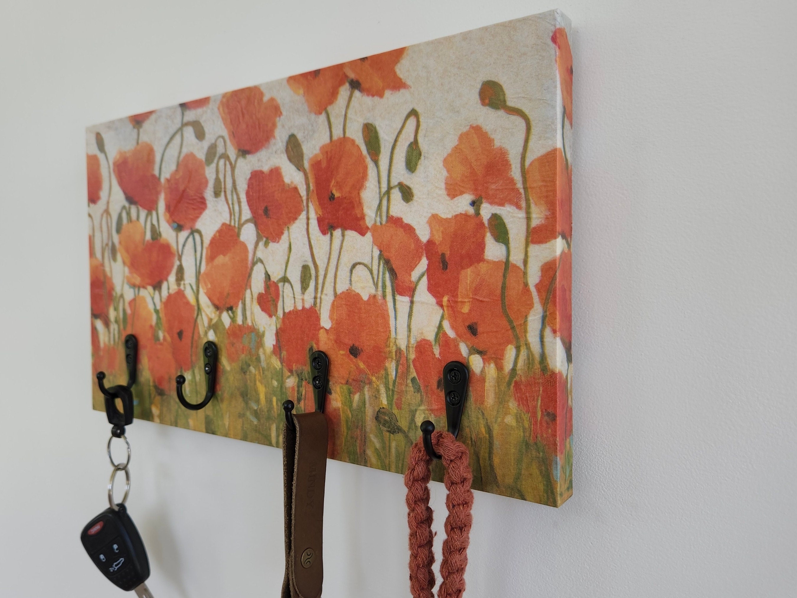 Wall Mount Key Holder / Hanger / Rack / Organizer Orange Poppies for