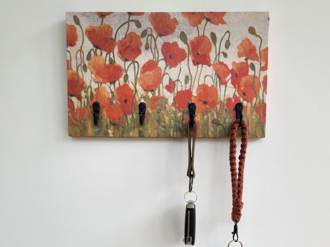 Wall Mount Key Holder / Hanger / Rack / Organizer Orange Poppies for