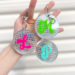 DISCO BALL KEYCHAIN + Initial! - Party Favor, Bachelorette, Disco Retro Theme, Kids Groovy Birthday - Acrylic Custom Keychain