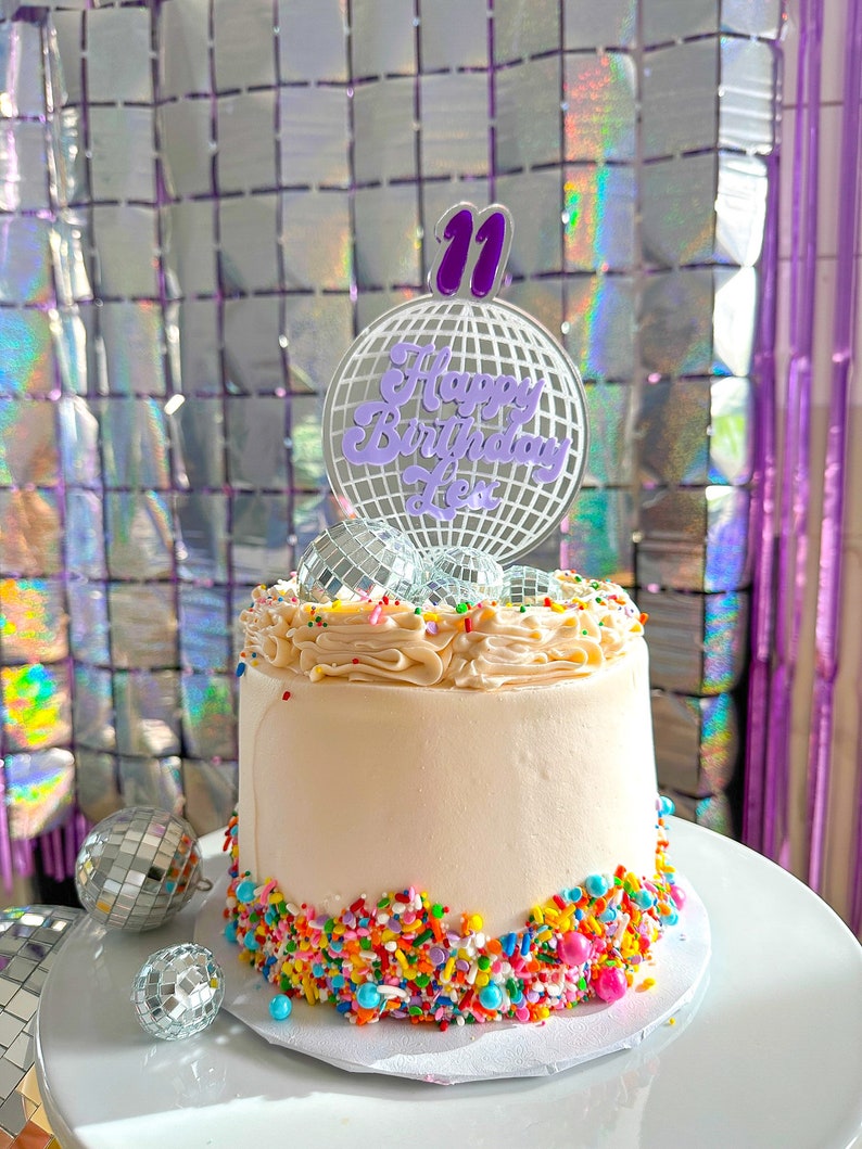 DISCO CAKE TOPPER Disco Ball Birthday Party Personalized & Custom Acrylic Mirror Topper Trendy Retro Groovy Dance Bday image 2