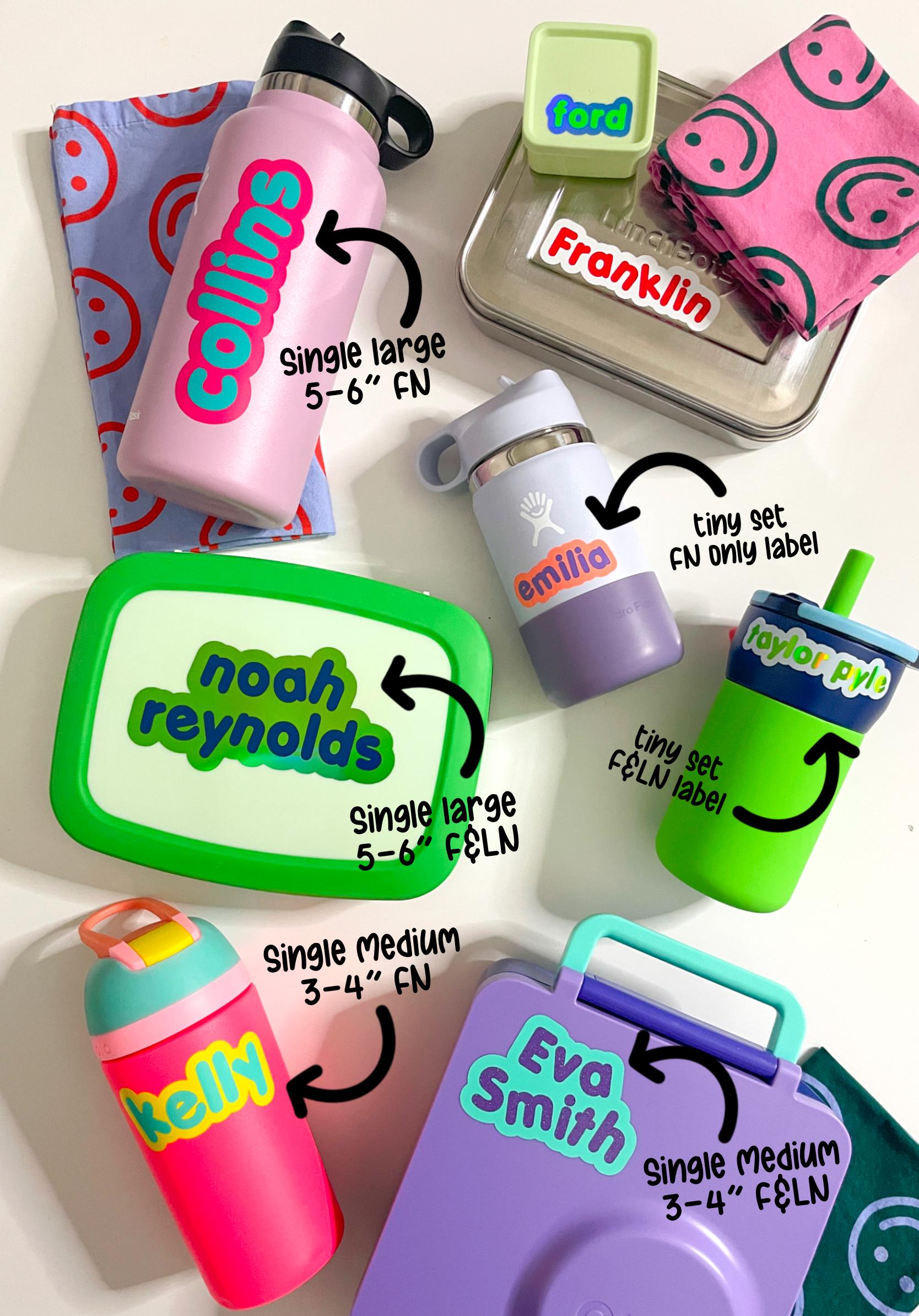 VINYL NAME LABELS - Kids Sticker Labels for lunchboxes, water bottles, drink ware, and more! - Colorful Fun Cute Trendy