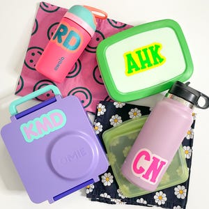 VINYL INITIAL LABELS - Kids Monogram Stickers for Lunchboxes Water Bottles - Waterproof Cute Colorful Bubble and Varsity Style