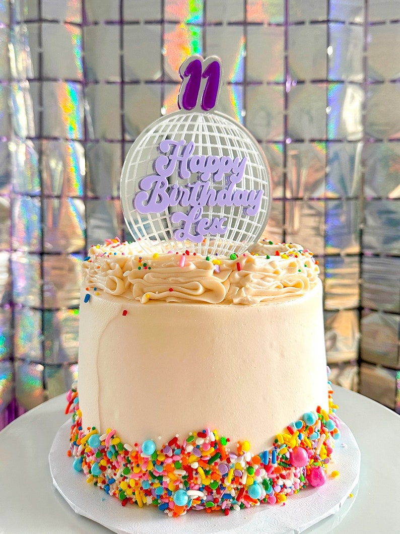 DISCO CAKE TOPPER Disco Ball Birthday Party Personalized & Custom Acrylic Mirror Topper Trendy Retro Groovy Dance Bday image 1