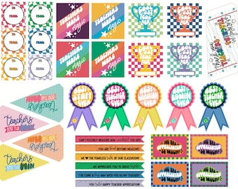 50 PRINTABLES for TEACHER Appreciation Week! - Easy DIY Print and Cut at Home! - Colorful Trendy Cute Awards Cards and Pennant Flags