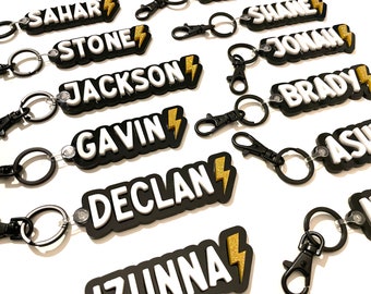 CUSTOM NAME KEYCHAIN - Lightning Bolt Style - Gender Neutral Personalized Black and White Keychain