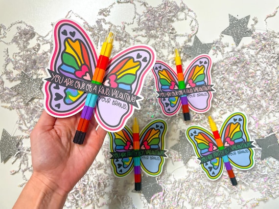 RAINBOW BUTTERFLY CRAYON Valentine - Stackable Crayon Prize - Non Candy Valentine Classroom Card Exchange Preschool Kinder